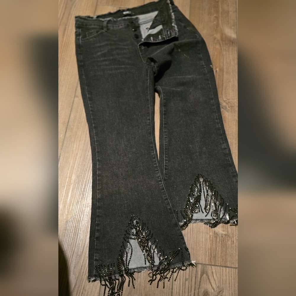Blue B Collection Women's Black Beaded Fringe High-Waist Flared Jeans Size L - Picture 8 of 12